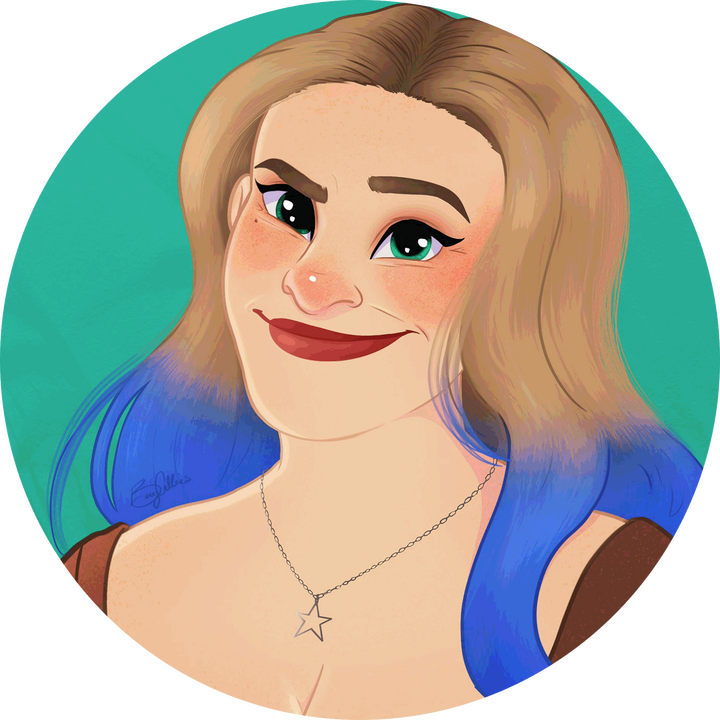 a character drawing of Nikki in a Disney style - smiling, wearing a brown shirt and a star necklace, hair long and brown with blue tips